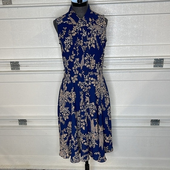 Nanette Lepore Navy Blue & Tan Floral Bird Button Front Sleeveless Dress Size 4 - Picture 1 of 6